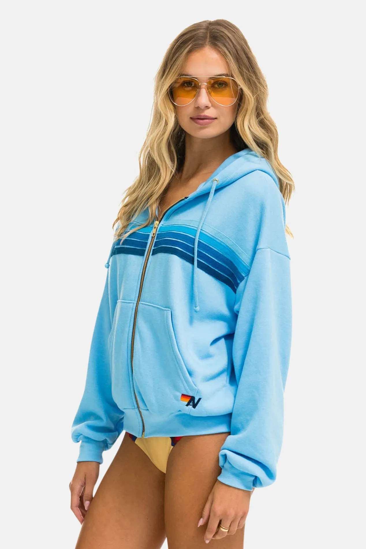 5 Stripe Relaxed Zip Hoodie Sky Blue