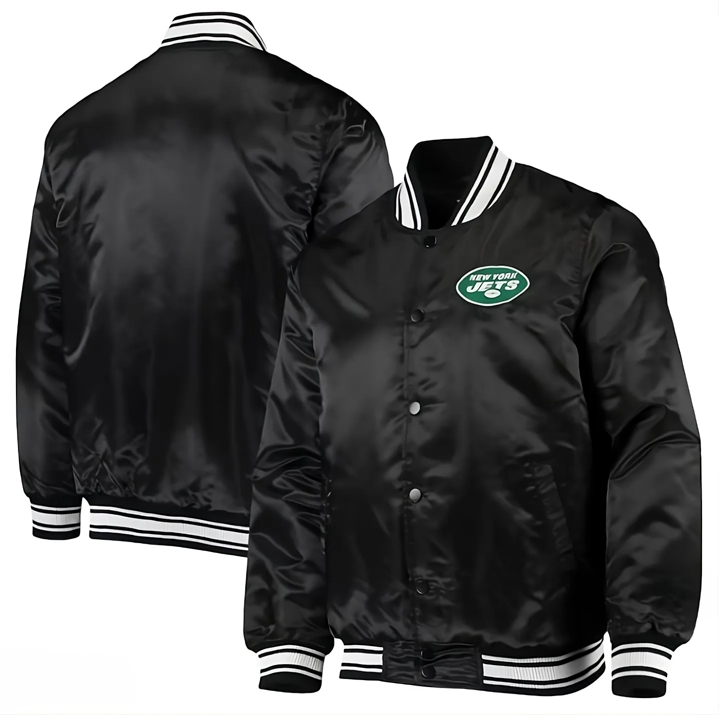 80s NFL New York Jets Black Satin Varsity Jacket full-snap With Embroidery