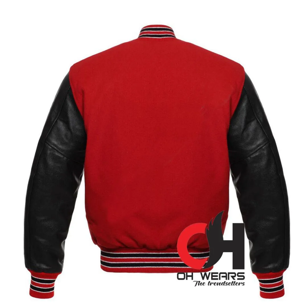 Baseball Bomber Red Wool and Genuine Black Leather Sleeves Varsity Jacket