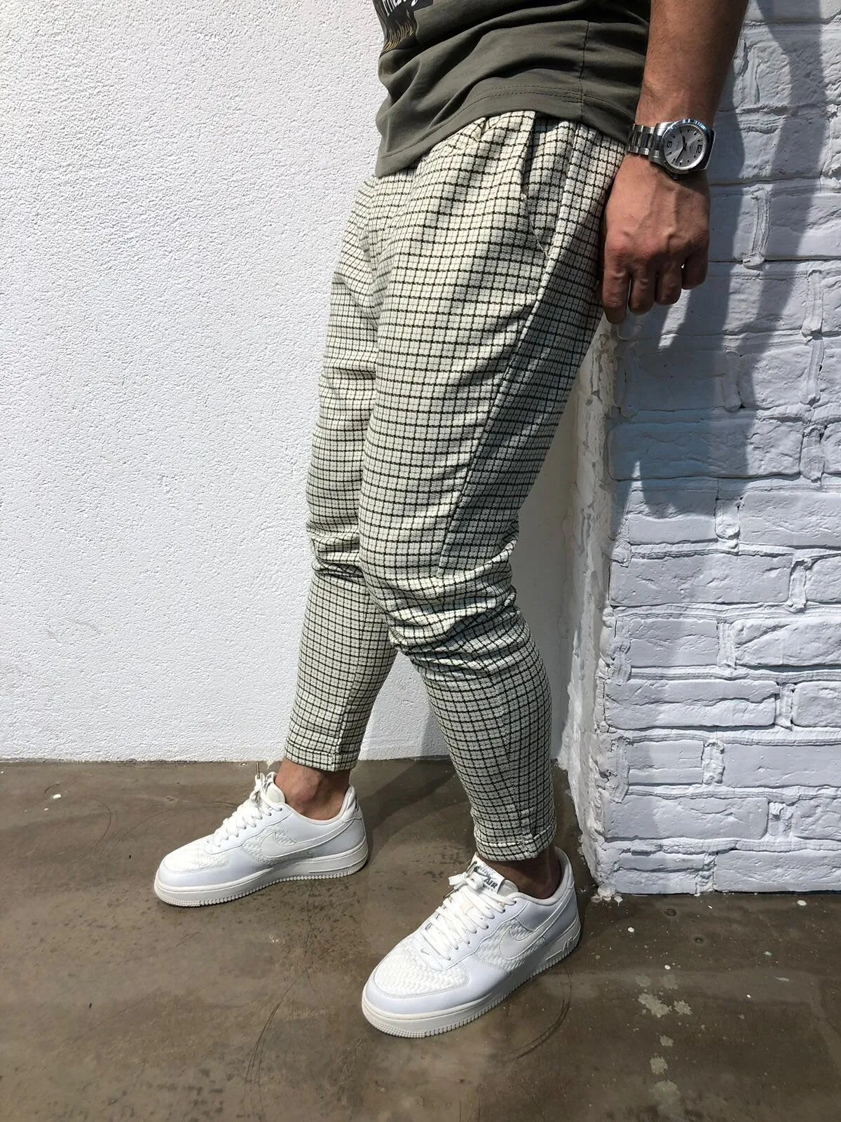 Beige Checkered Baggy Jogger Pant B163 Streetwear Jogger Pants