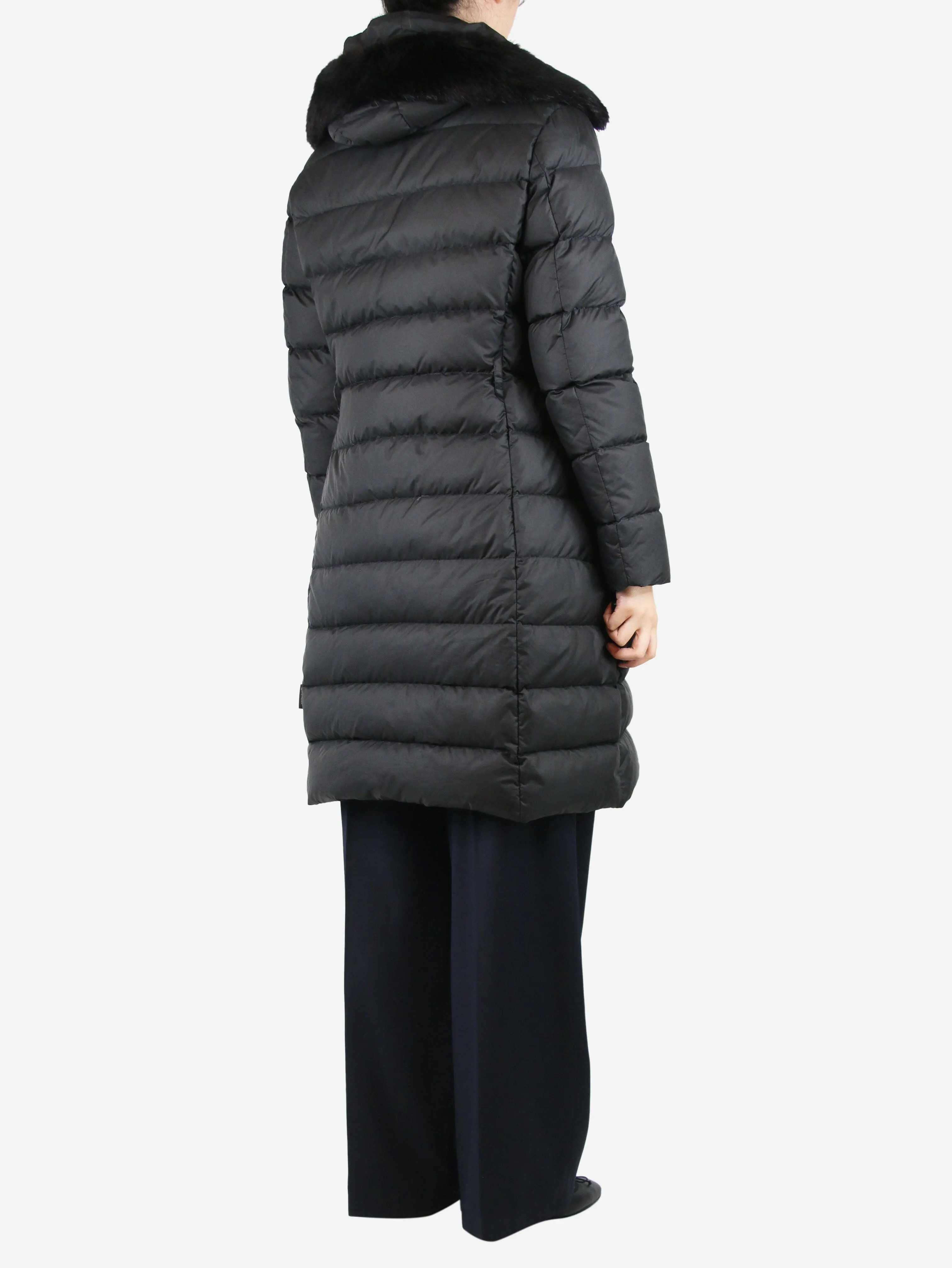 Black hooded long puffer coat - size UK 14