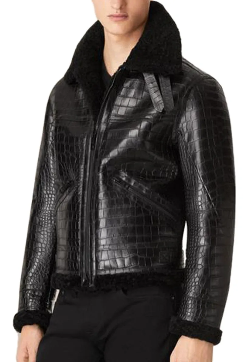 Black Leather Aviator Jacket | Alligator Embossed | Shearling Trim