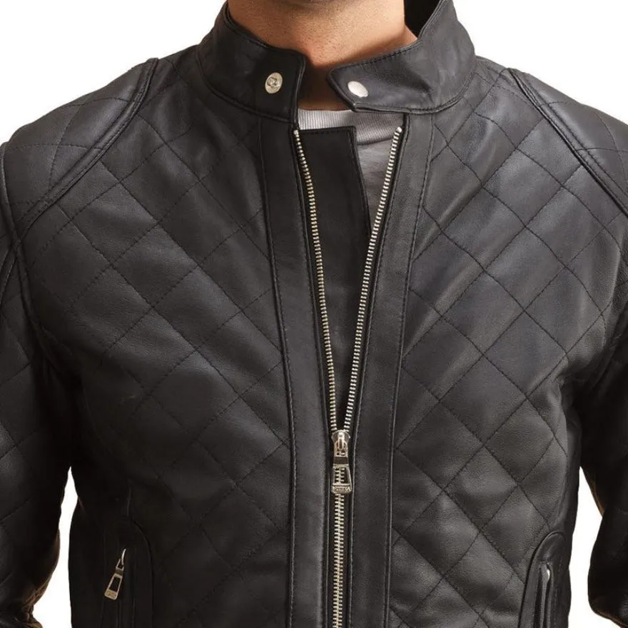 Black Leather Jacket Quilted | Narrow Diamond Pattern