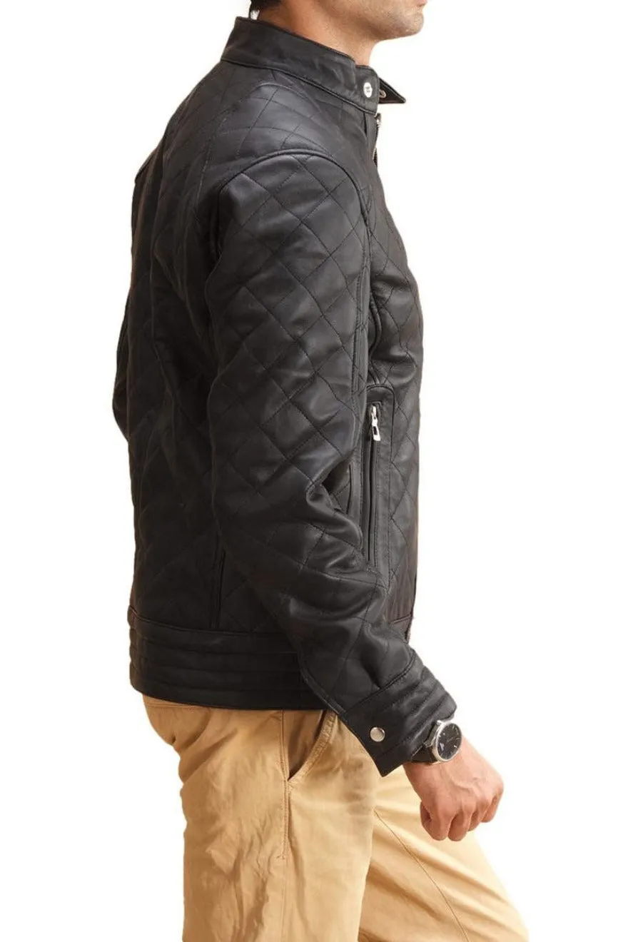 Black Leather Jacket Quilted | Narrow Diamond Pattern