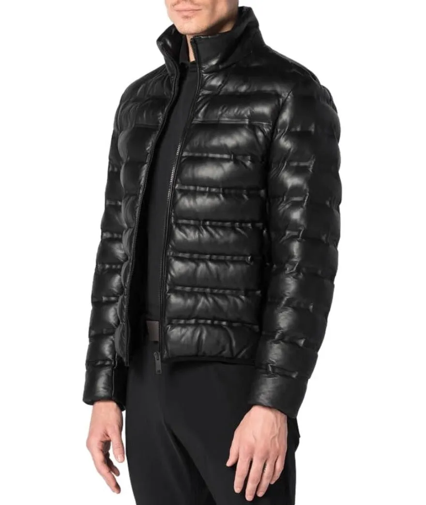 Black Quilted Leather Jacket Mens | Narrow Rectangular Pattern