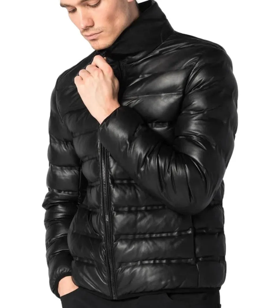 Black Quilted Leather Jacket Mens | Narrow Rectangular Pattern