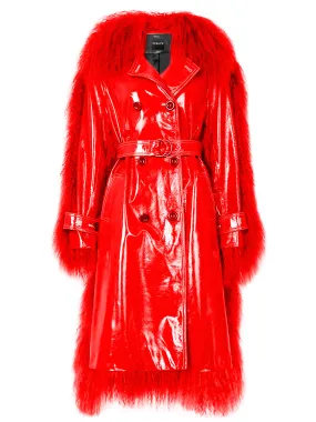 BOWERY Shearling Trim Vinyl Trench Coat