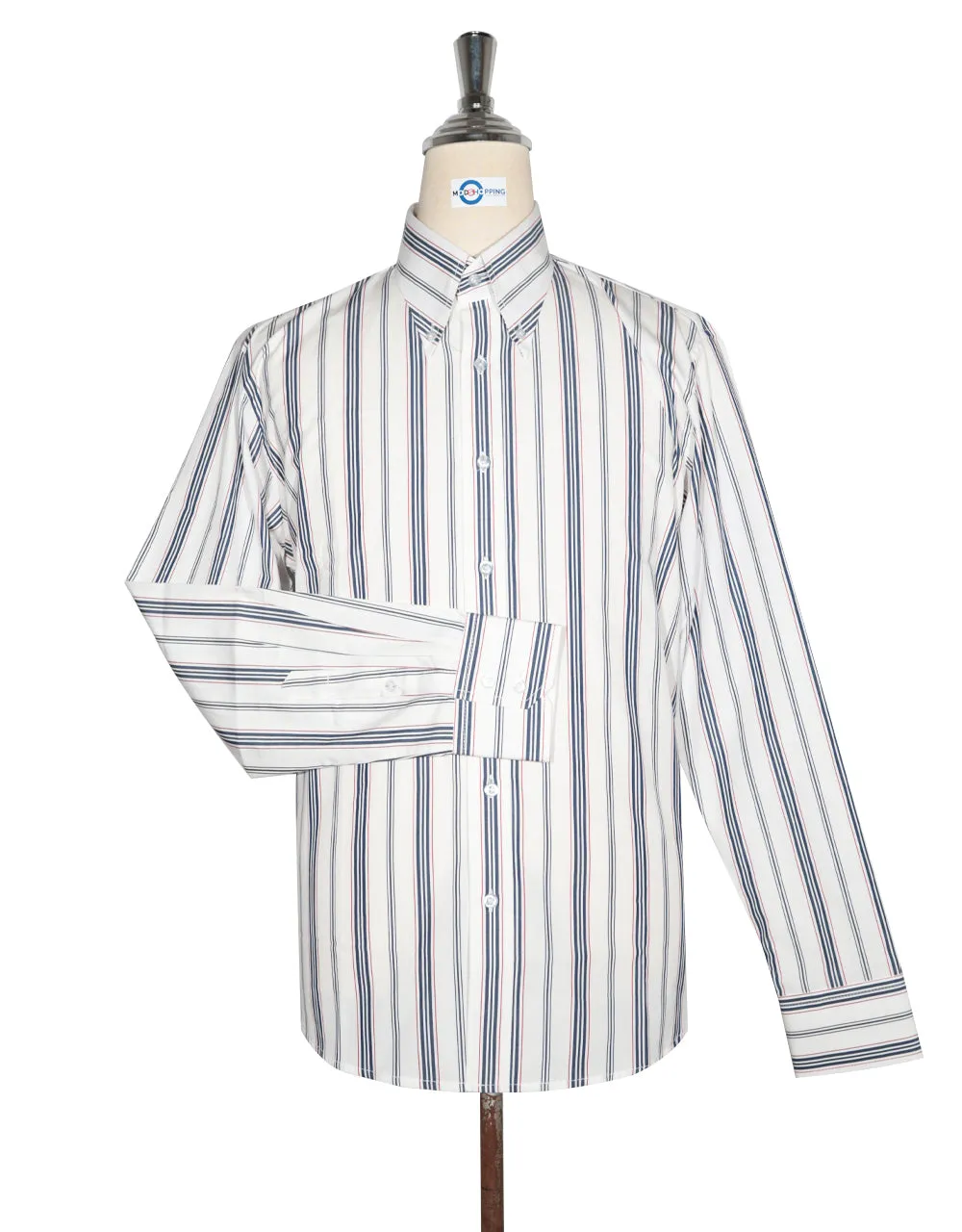 Button Down Shirt - White,Navy Blue and Red Stripe Shirt