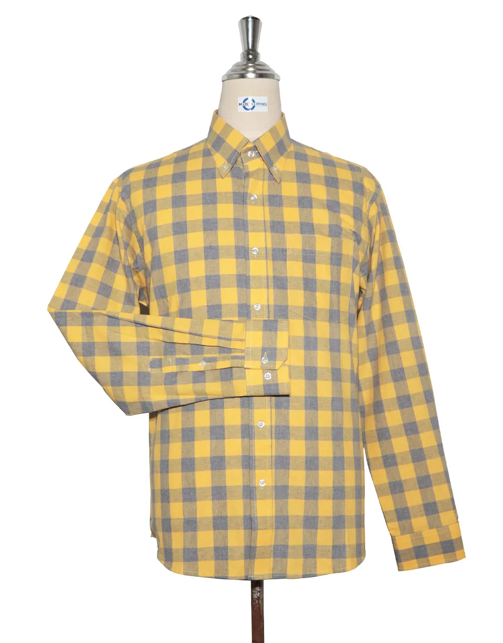 Button Down Shirt - Yellow and Grey Large Gingham Check Shirt