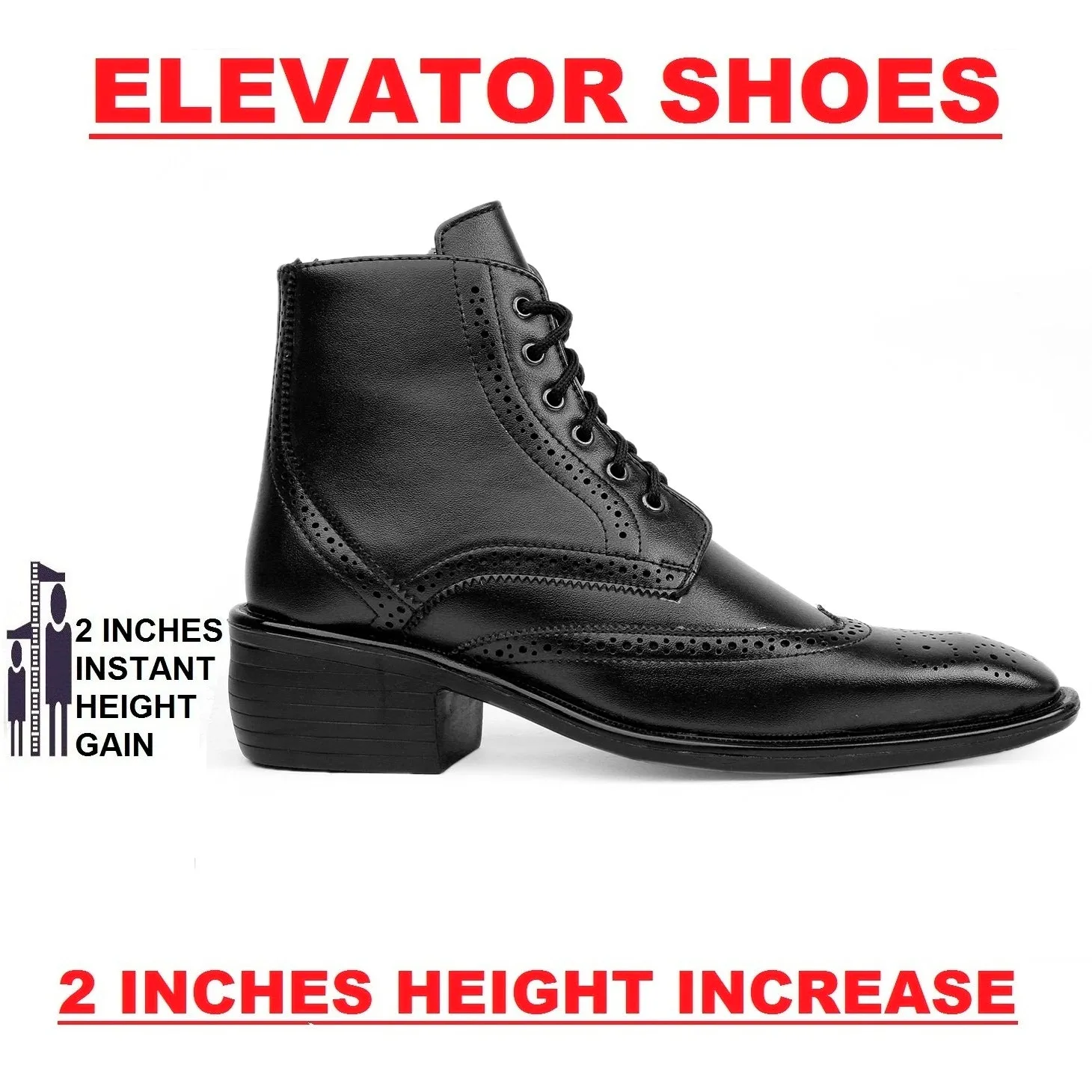 Bxxy's Men's Height Increasing Semi-Formal Cow Boy Ankle Zipper Lace-Up Brogue Boots