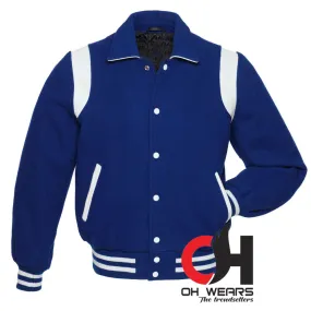 Byron Collar Blue Wool with White Leather Stripes Varsity Jacket