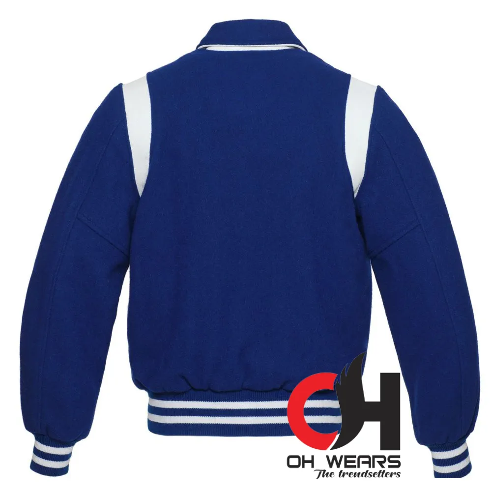 Byron Collar Blue Wool with White Leather Stripes Varsity Jacket