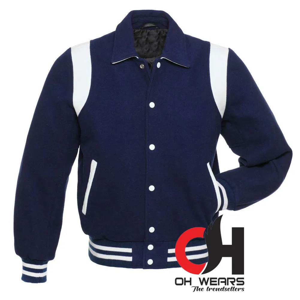 Byron Collar Blue Wool with White Leather Stripes Varsity Jacket