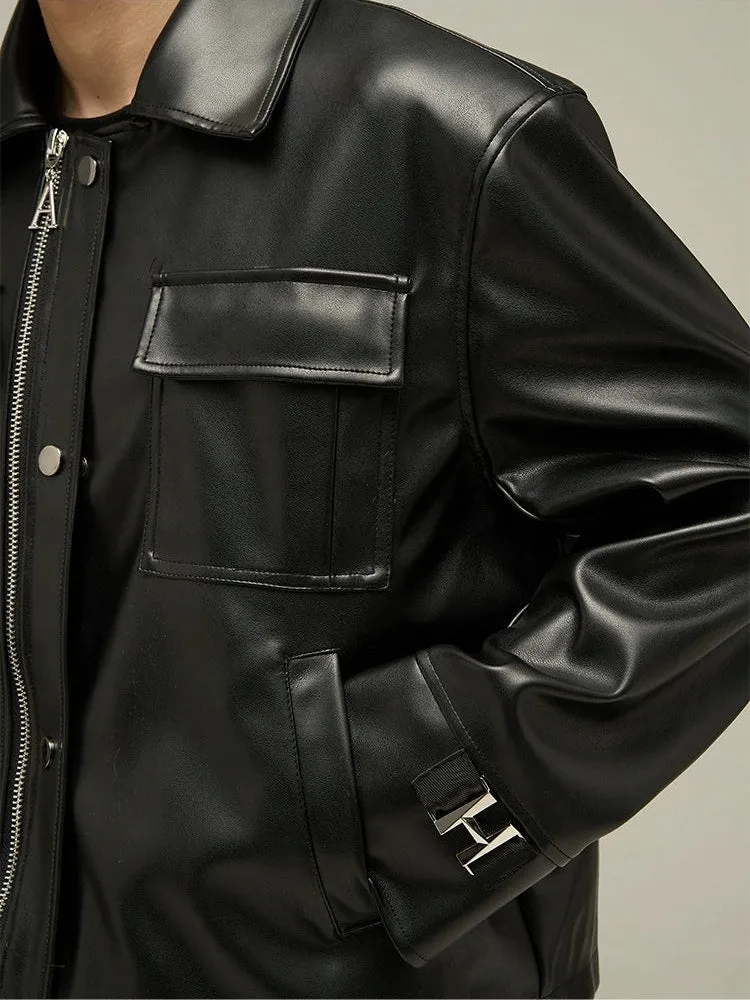 Classic Leather Jacket with Oversized Pockets