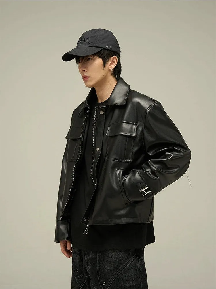 Classic Leather Jacket with Oversized Pockets