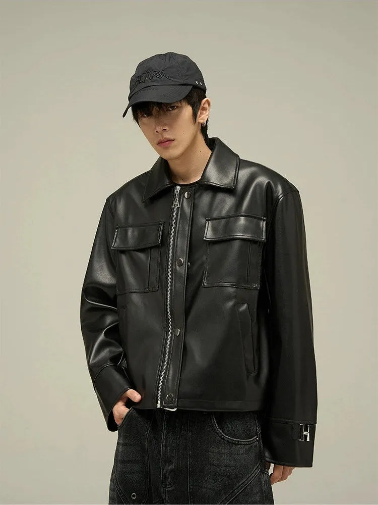 Classic Leather Jacket with Oversized Pockets