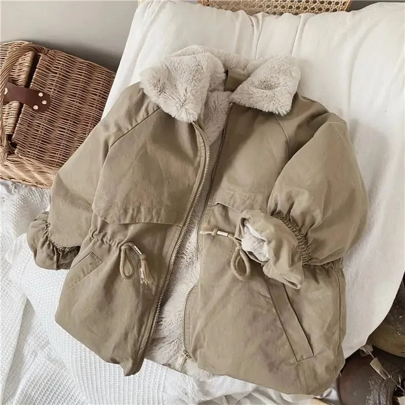 Cozy Khaki Lamb Wool Blend Parkas Jacket for Kids - Winter Fashion Statement