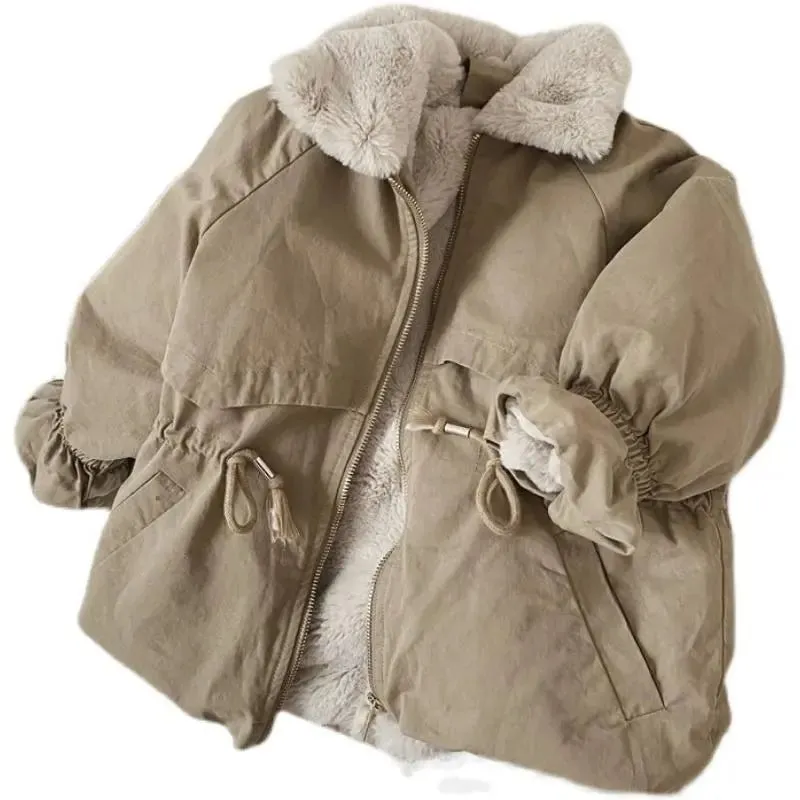 Cozy Khaki Lamb Wool Blend Parkas Jacket for Kids - Winter Fashion Statement