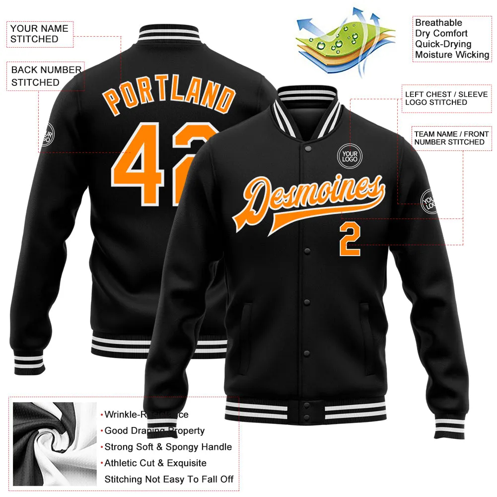 Custom Black Bay Orange-White Bomber Full-Snap Varsity Letterman Jacket