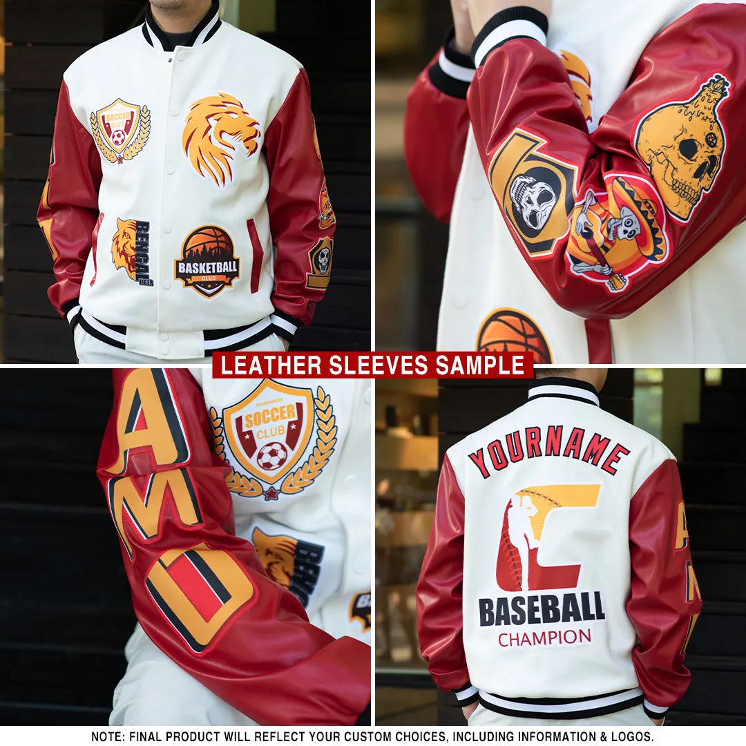 Custom Black Black-Cream Bomber Full-Snap Varsity Letterman Jacket