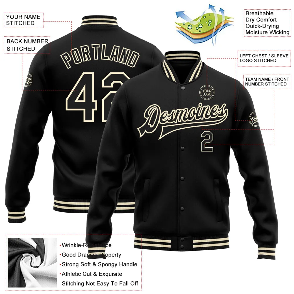 Custom Black Black-Cream Bomber Full-Snap Varsity Letterman Jacket