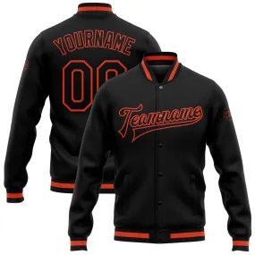 Custom Black Black-Orange Bomber Full-Snap Varsity Letterman Jacket