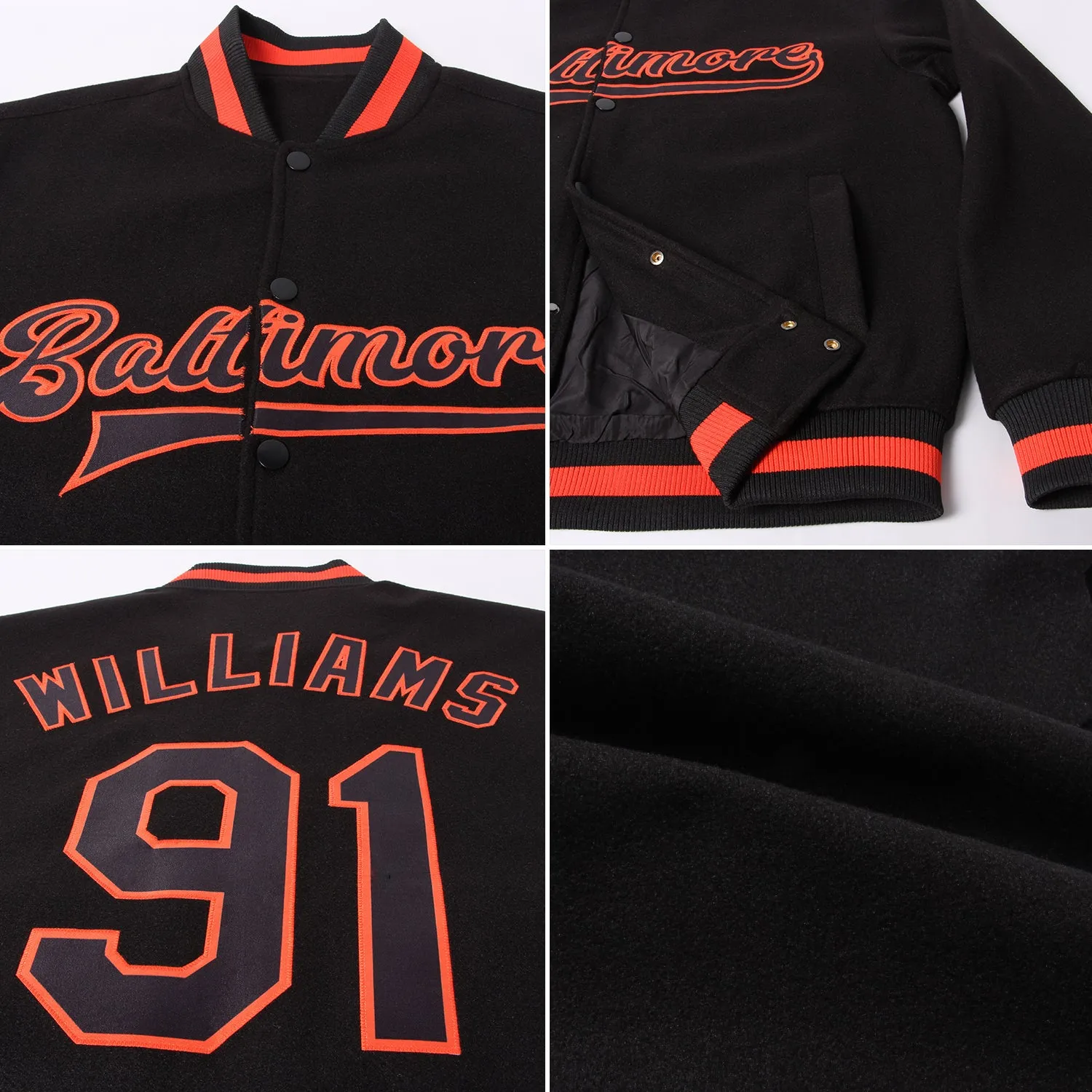 Custom Black Black-Orange Bomber Full-Snap Varsity Letterman Jacket