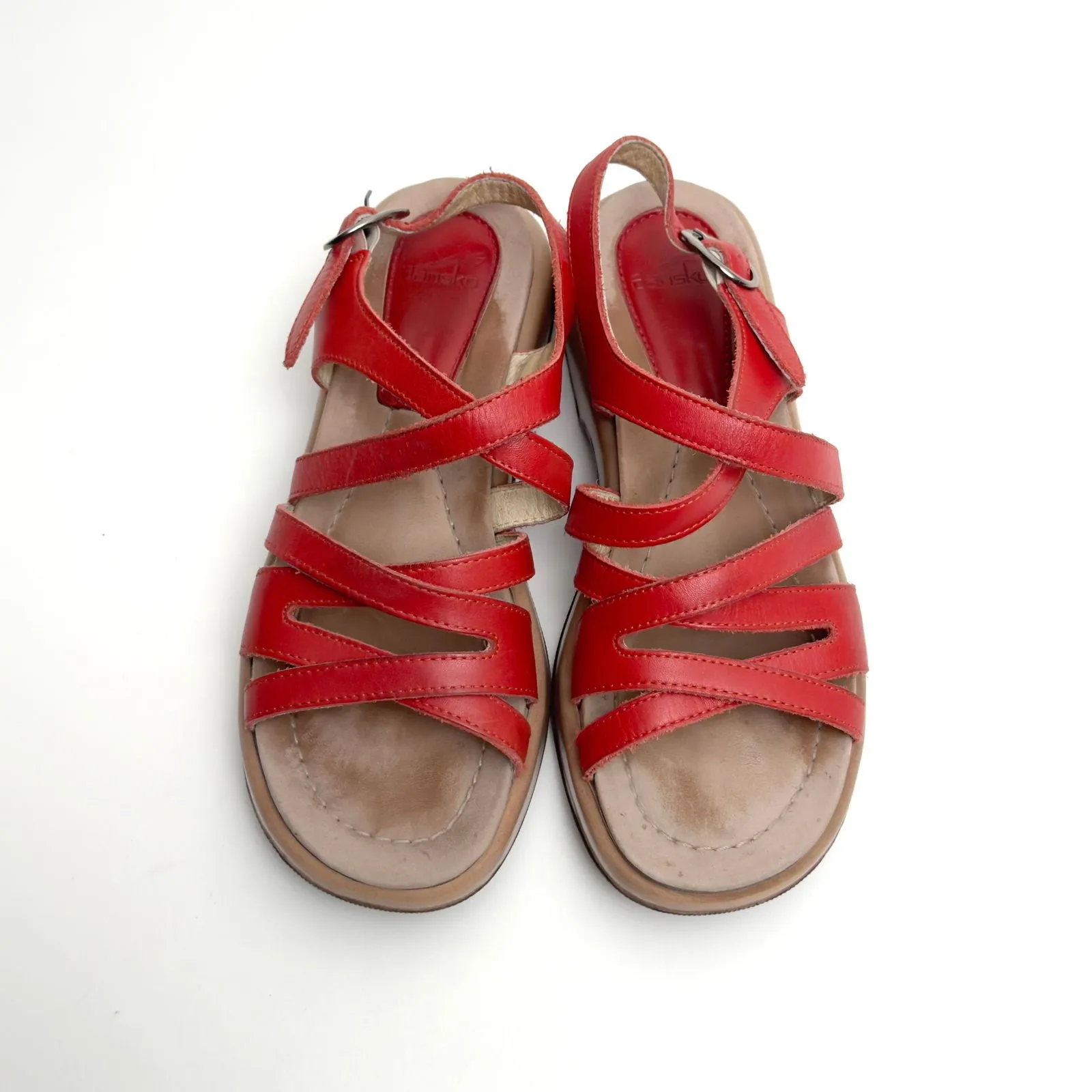 Dansko Womens Red Leather Strappy Sandals | EU 40 (US 9.5-10) | Adjustable Ankle Strap | Made in Morocco