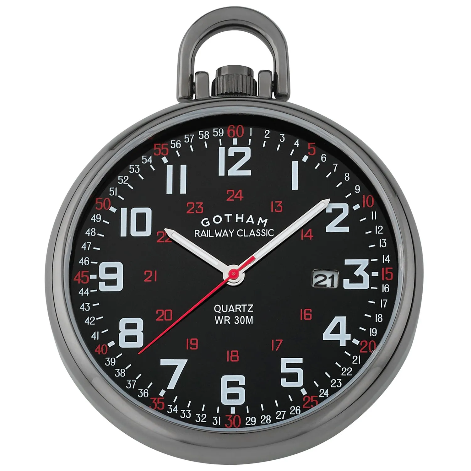 Gotham Men's Gun-Plated Stainless Steel Analog Quartz Date Railroad Style Pocket Watch # GWC14107BBK