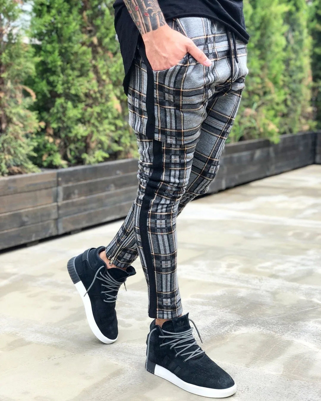 Gray Side Striped Checkered Jogger Pant B217 Streetwear Jogger Pants