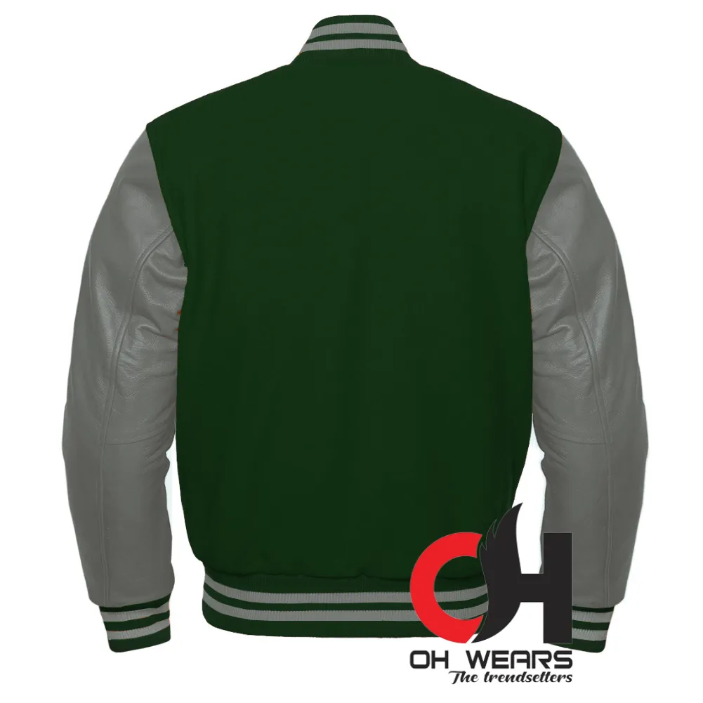 Green Wool and Genuine Grey Leather Sleeves Varsity Jacket