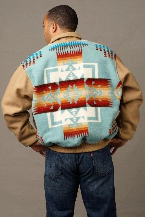 Kraffs Bomber Jacket, Chief Joseph Aqua, with Tan Melton Wool Sleeves