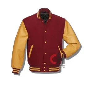 Maroon Wool Gold Leather Sleeves Varsity Jacket