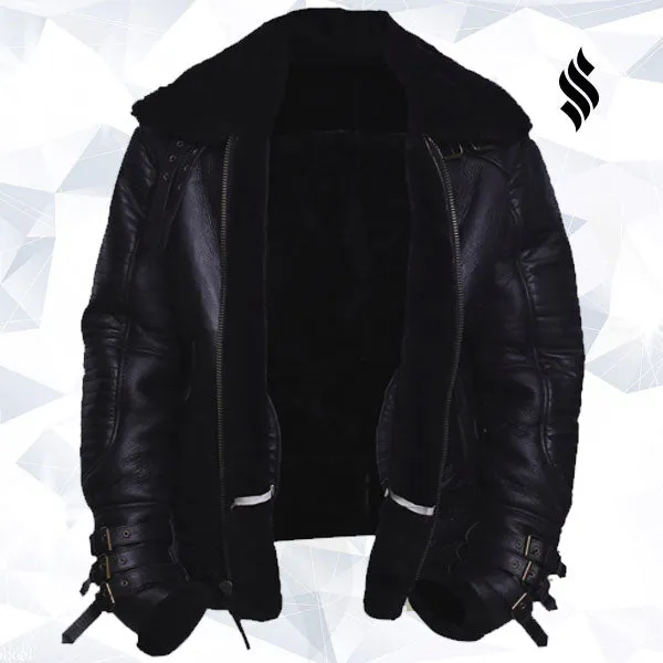 Men Black Biker Shearling Jacket