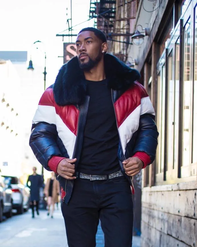 MEN V BOMBER JACKET - MULTI COLOR RED/WHITE/BLUE