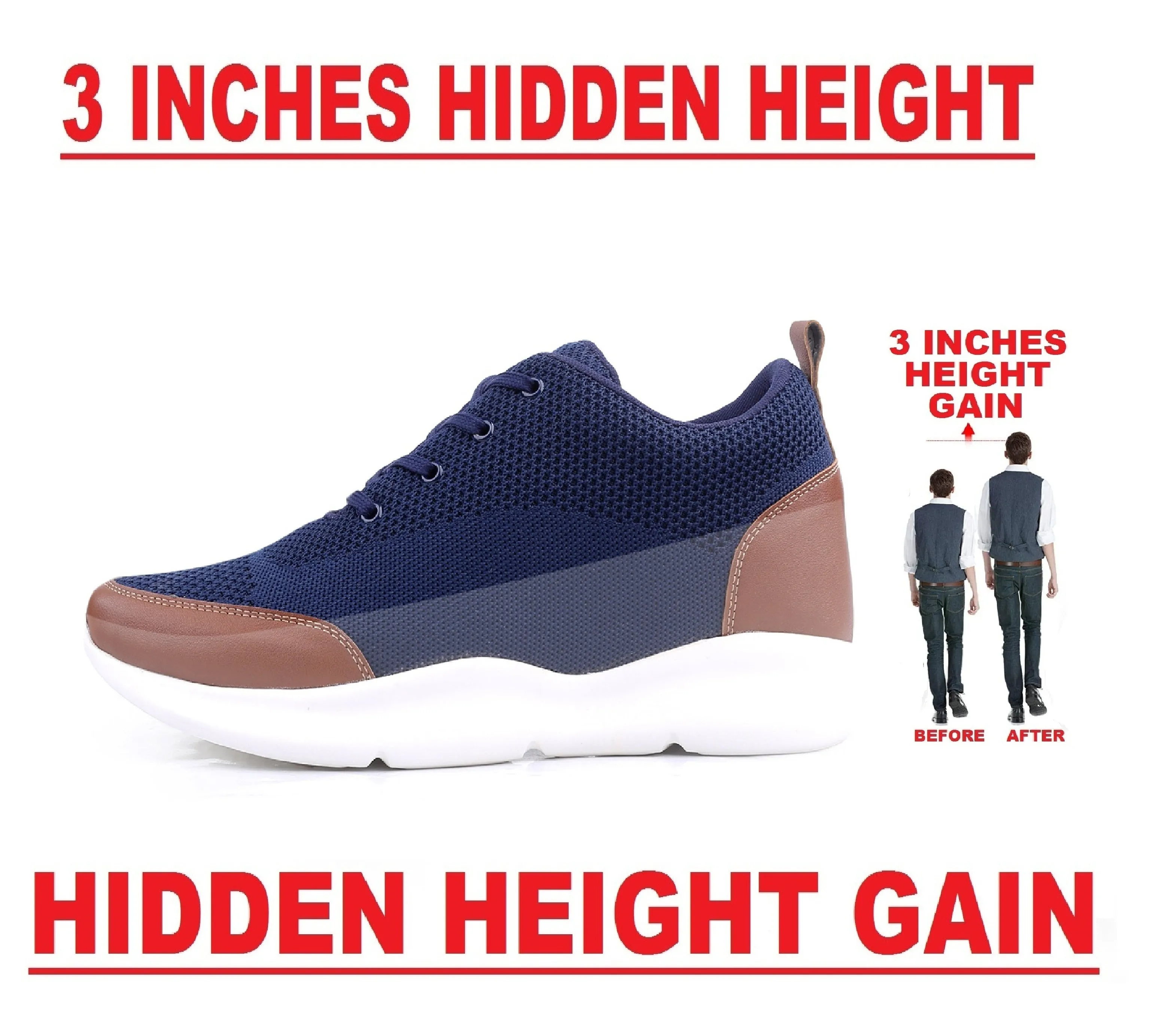 Men's 3 Inch Hidden Height Increasing Stylish Casual Sports Lace-Up Shoes