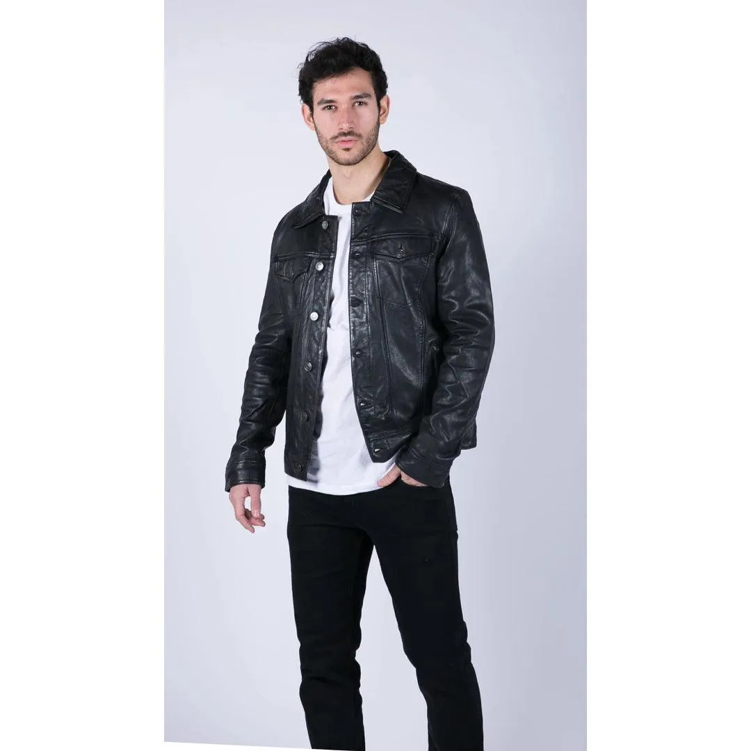 Mens Black real Leather Vintage Soft Jacket Short Jeans Style Classic Stud