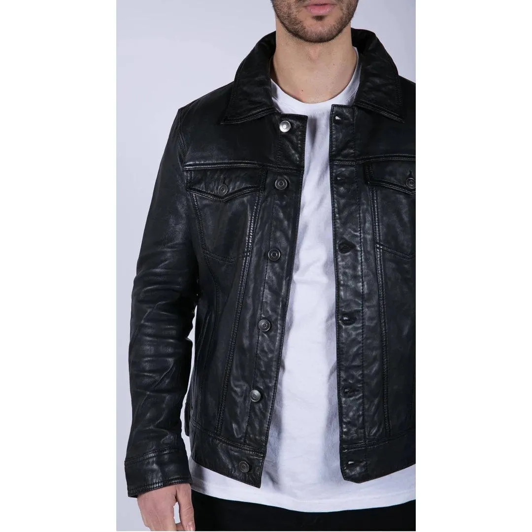 Mens Black real Leather Vintage Soft Jacket Short Jeans Style Classic Stud