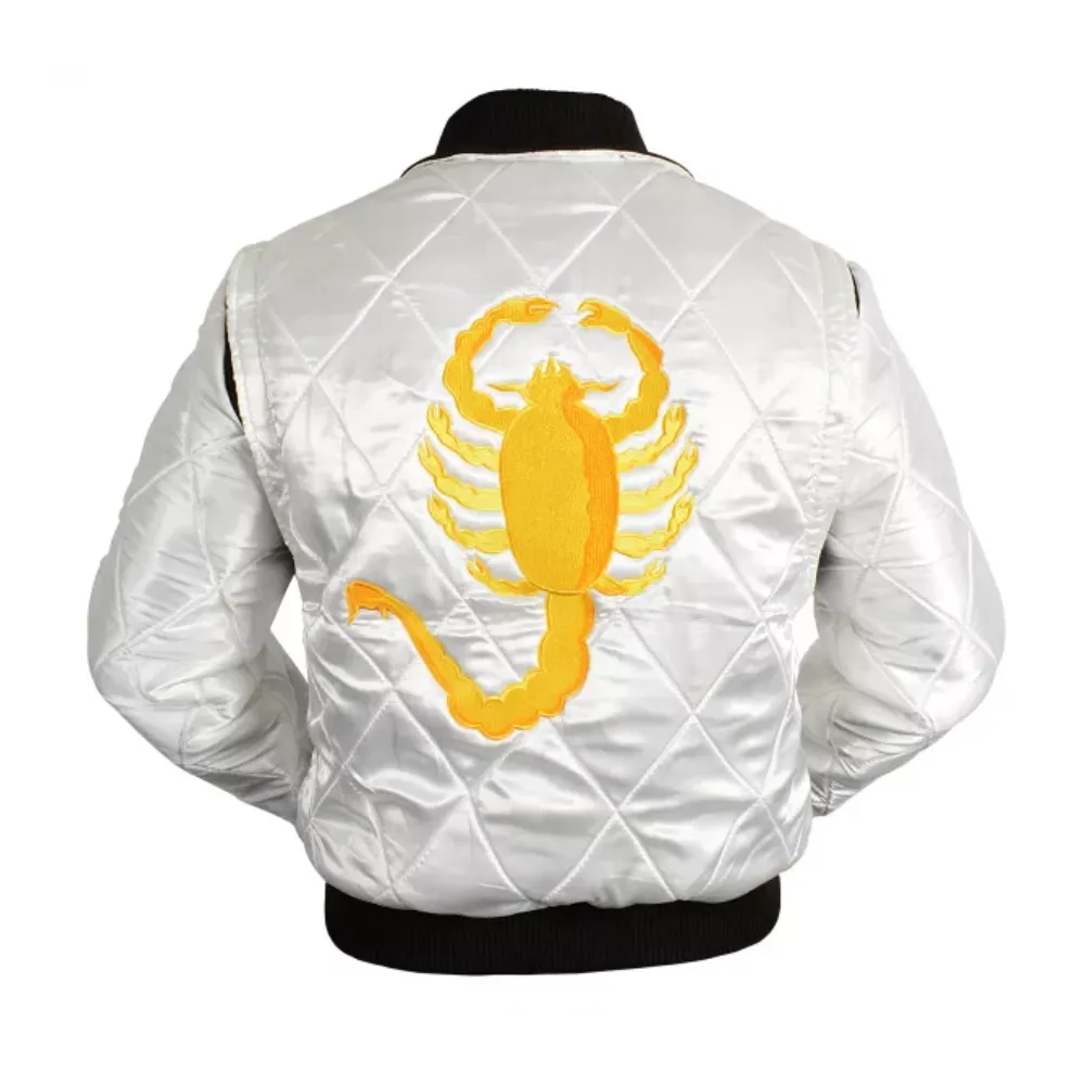 Mens Drive Ryan Gosling White Satin Scorpion Bomber Jacket