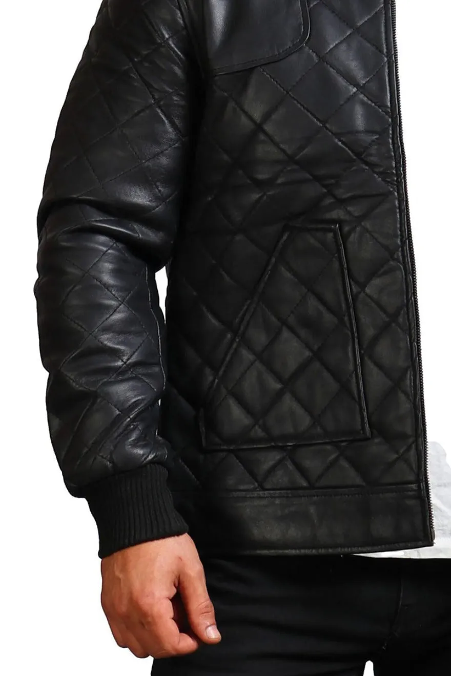 Mens Quilted Leather Jacket | Diamond Pattern