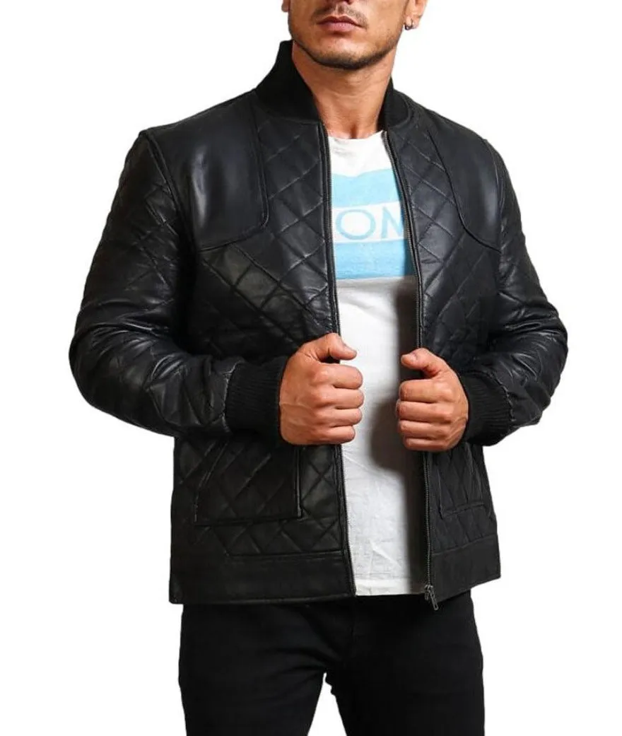 Mens Quilted Leather Jacket | Diamond Pattern