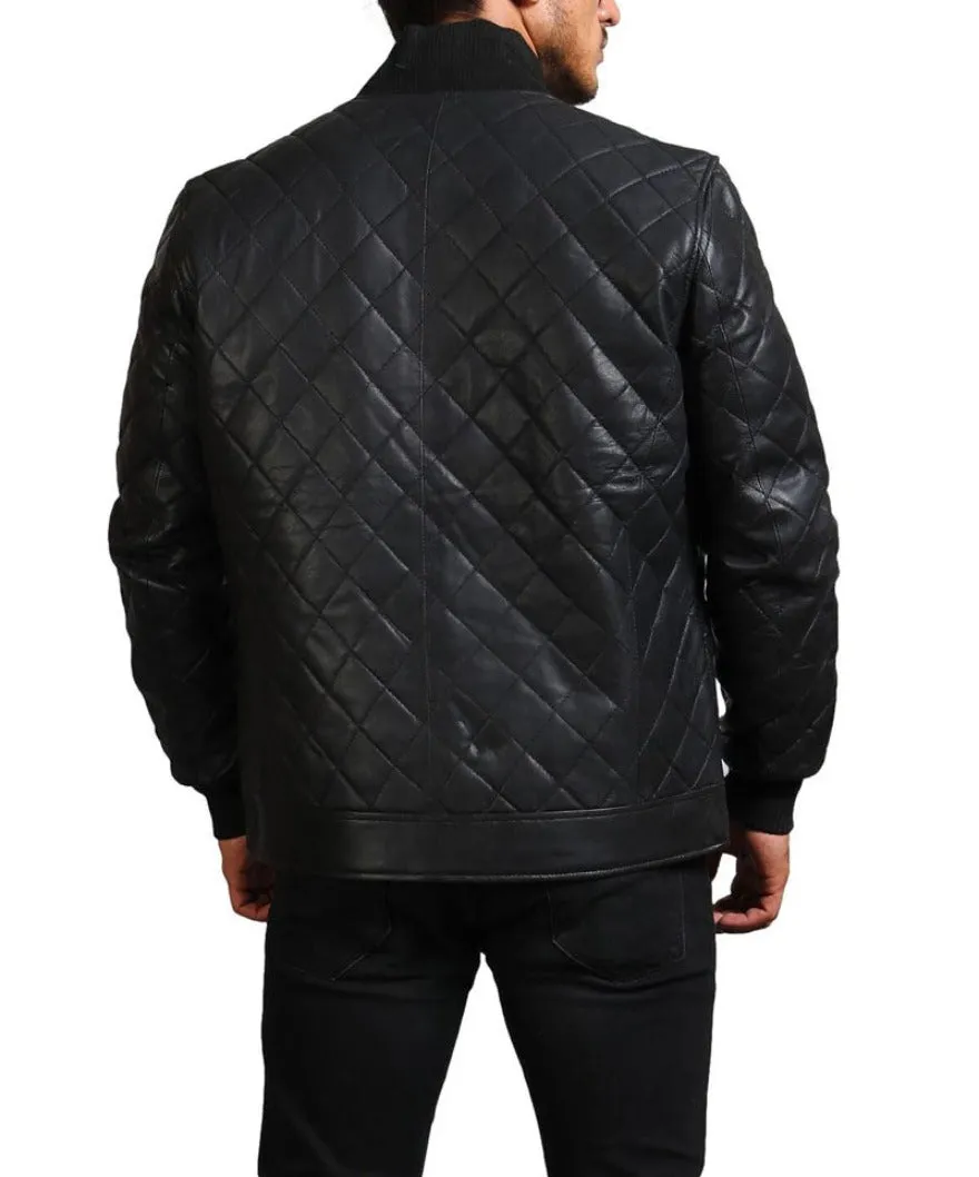 Mens Quilted Leather Jacket | Diamond Pattern