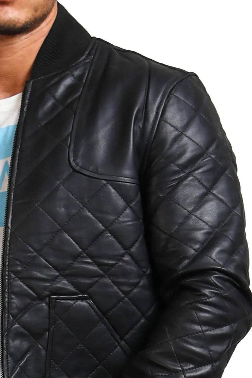 Mens Quilted Leather Jacket | Diamond Pattern