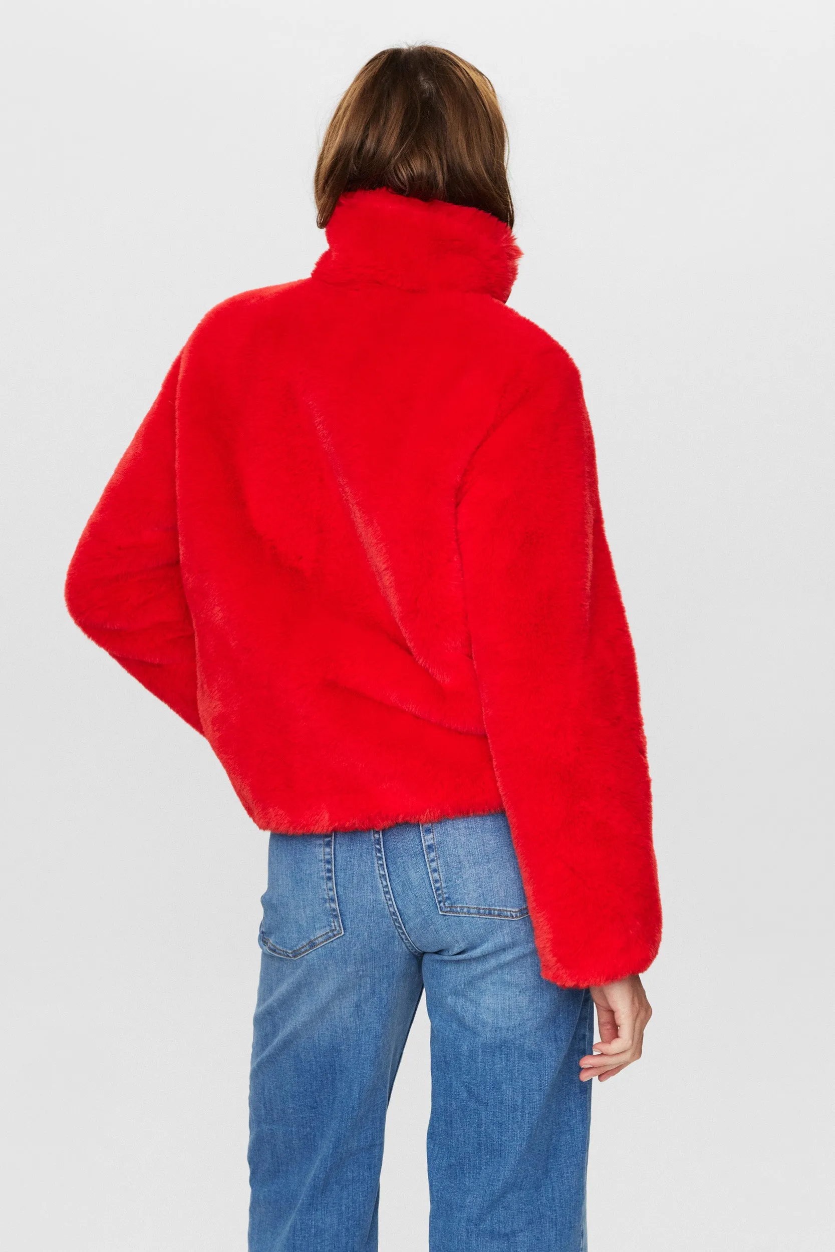 Nümph Nuwinda Faux Fur Short Jacket in High Risk Red