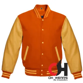 Orange Wool and Genuine Yellow Leather Sleeves Varsity Jacket