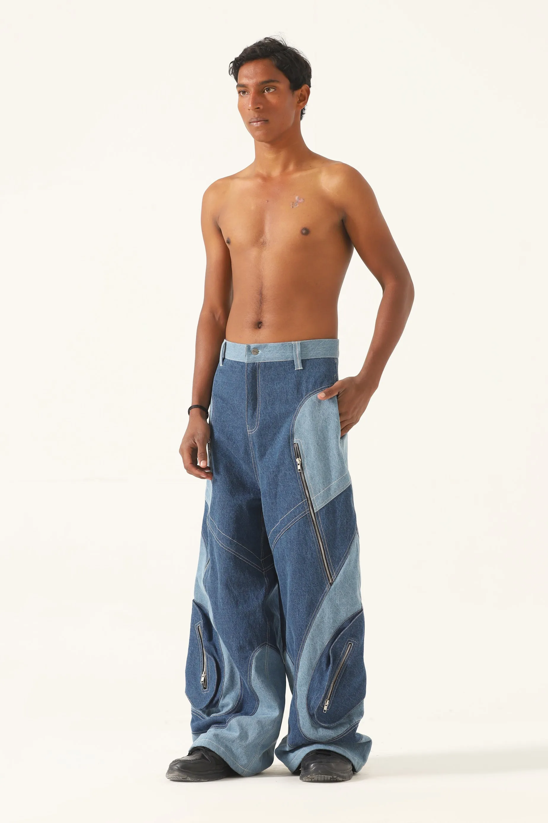 PANELED DENIM TROUSERS