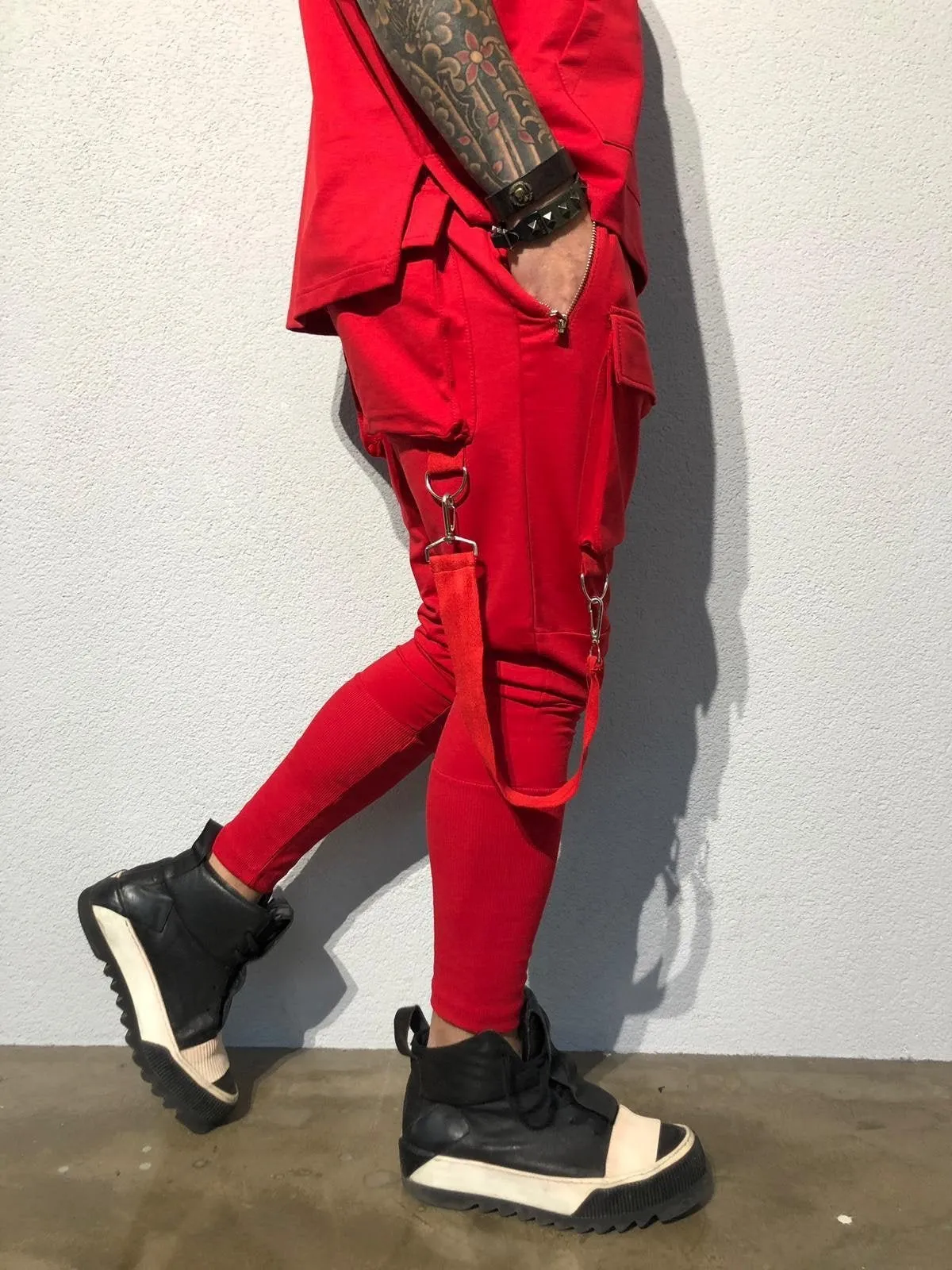 Red Front Pocket Strap Jogger Pant B341 Streetwear Jogger Pants