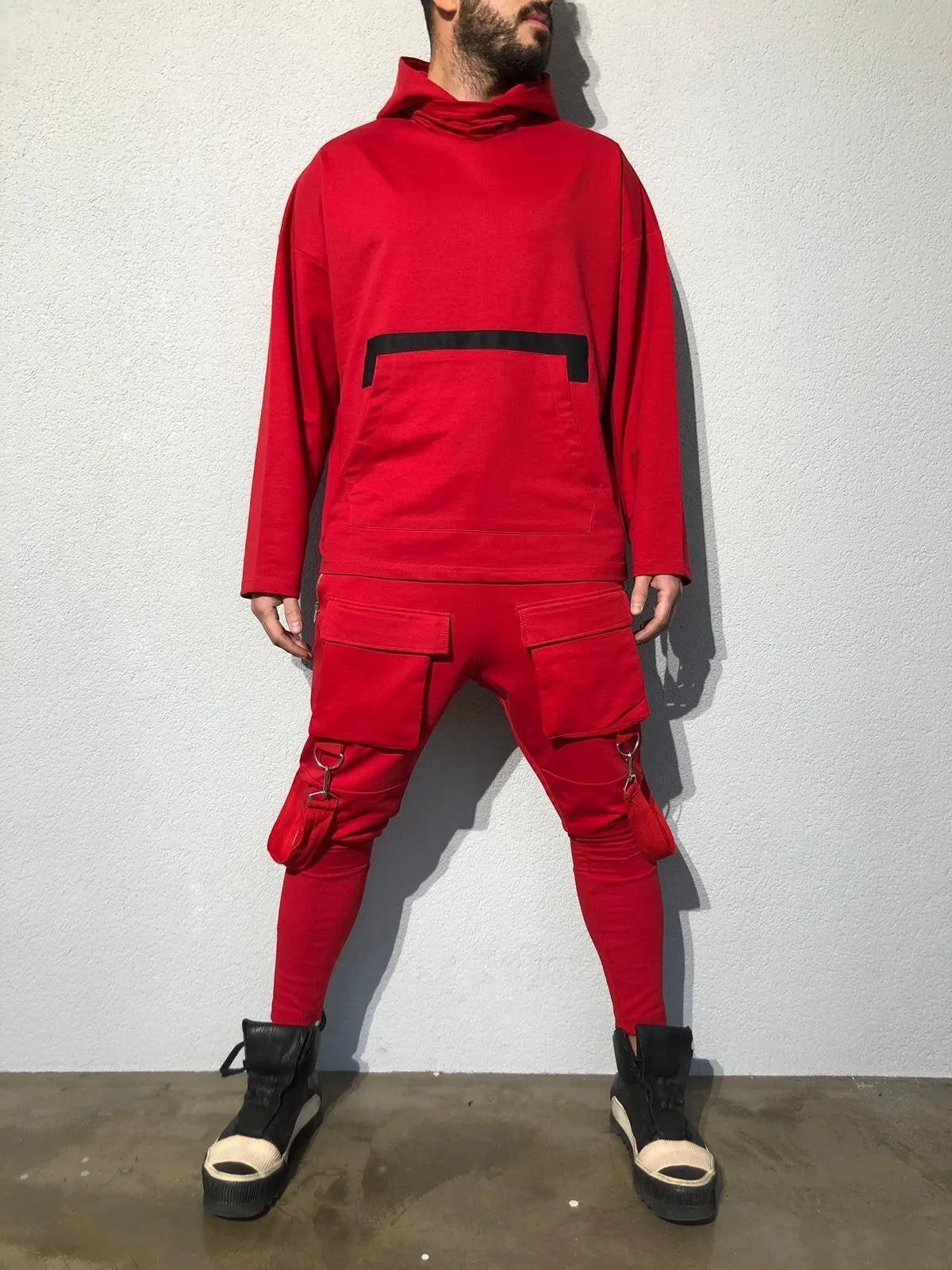 Red Front Pocket Strap Jogger Pant B341 Streetwear Jogger Pants