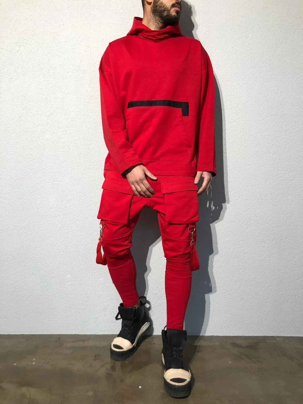 Red Front Pocket Strap Jogger Pant B341 Streetwear Jogger Pants