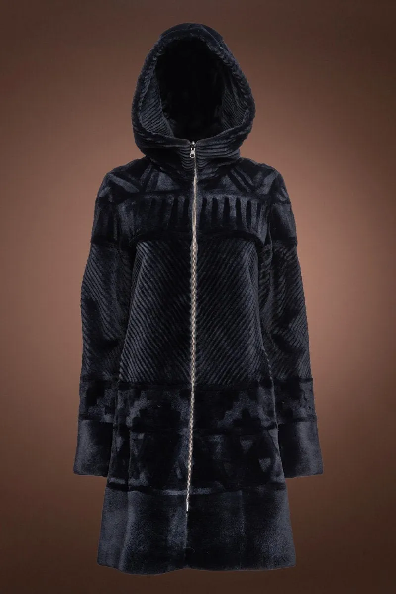 Reversible Hooded Grooved Navy Blue Sheared Mid-Length Mink Fur Coat